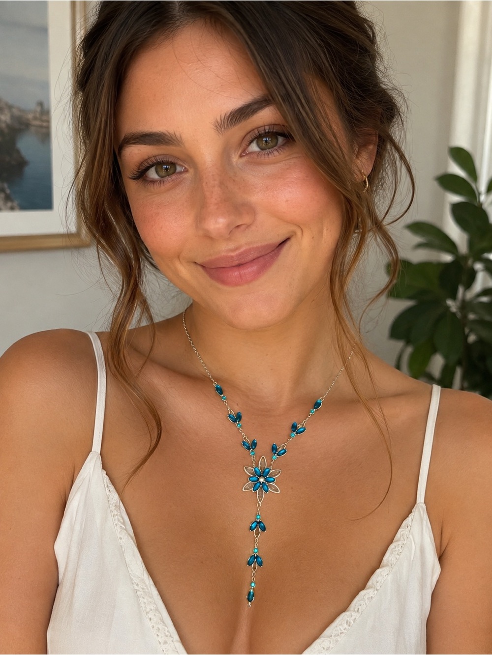 Vintage Silver Tone Blue Rhinestone Flower Y-Drop Necklace Accent Statement